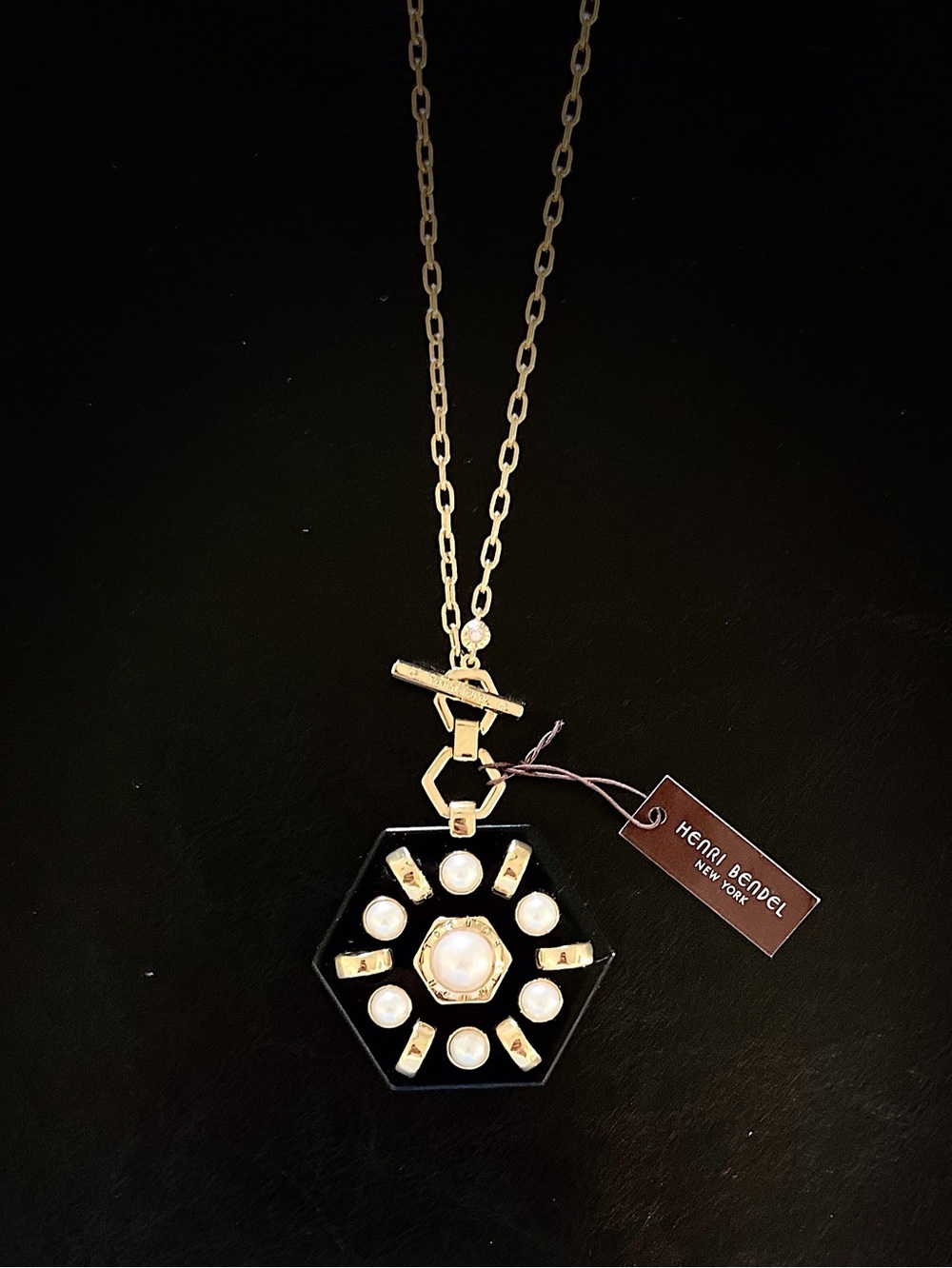Henri Bendel Black and Gold Hexagon Pendant Necklace with Pearl Accents NWT